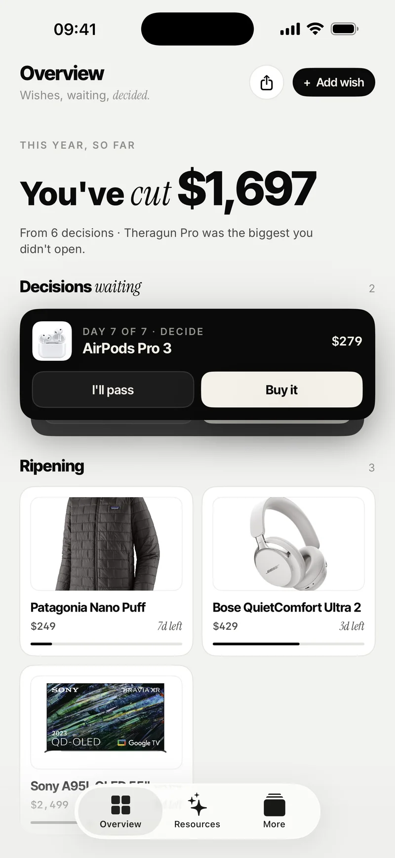 CutCut wishlist with waiting wishes and purchase decisions